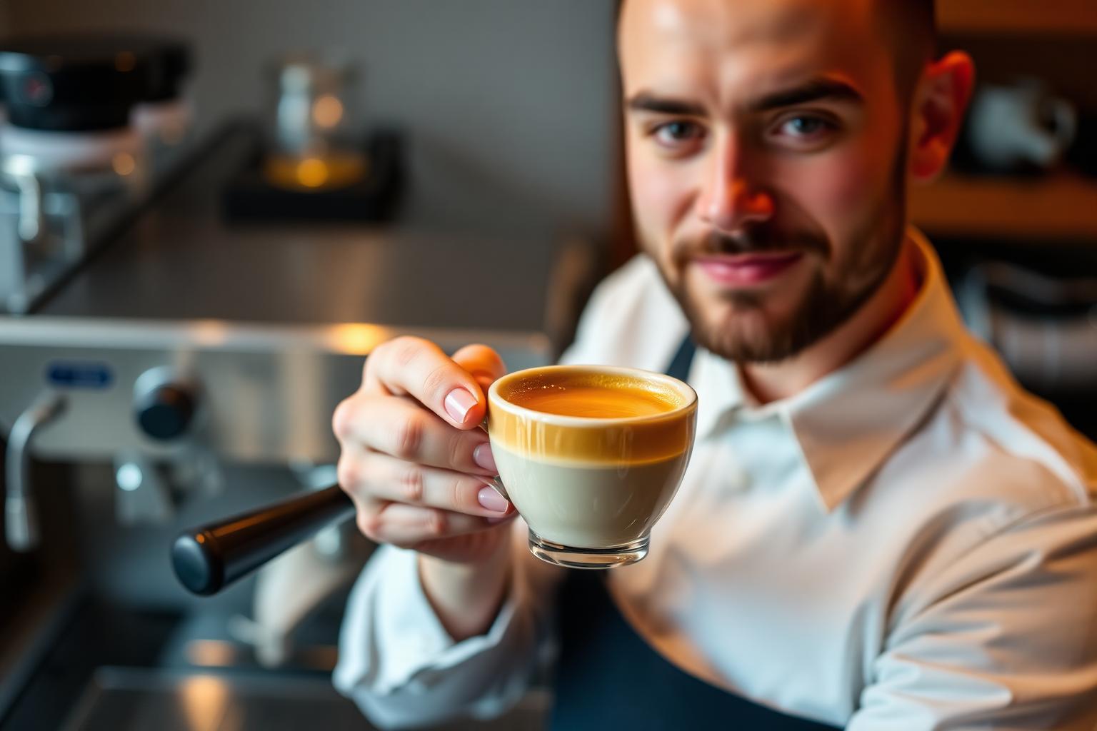 Professional barista holding a perfect espresso